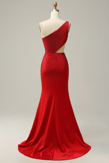 Havfrue En skulder Rød Cut Out Prom kjole med Beading